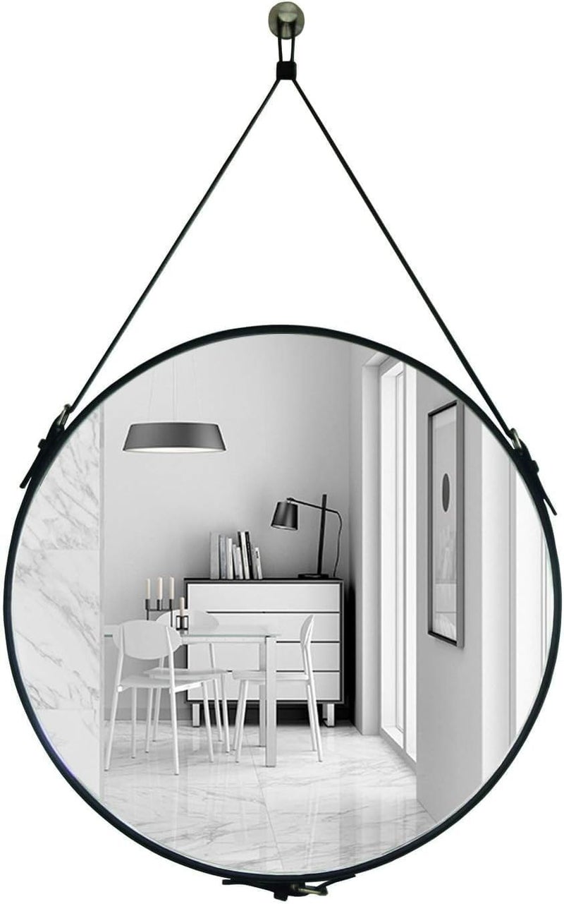 HofferRuffer Round Wall Mirror Decorative Mirror, Hanging Mirror with Hanging Strap Silver Hardware Hooker/Hanger (Black, 20'') - Image 1