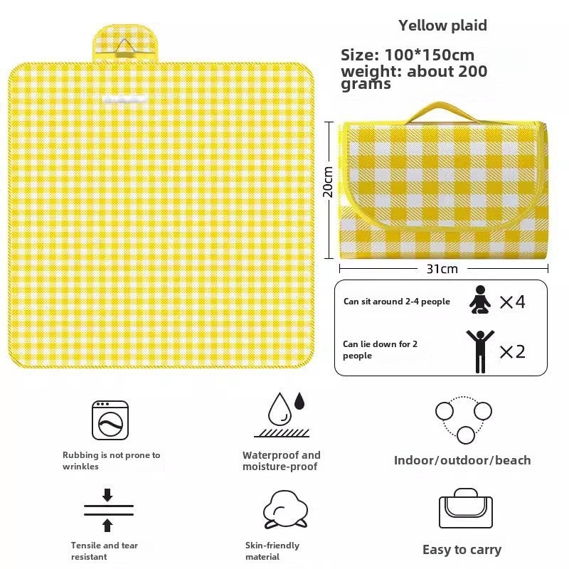 Thick Waterproof Picnic Mat Ins Style Folding Yellow (check) with storage bag 