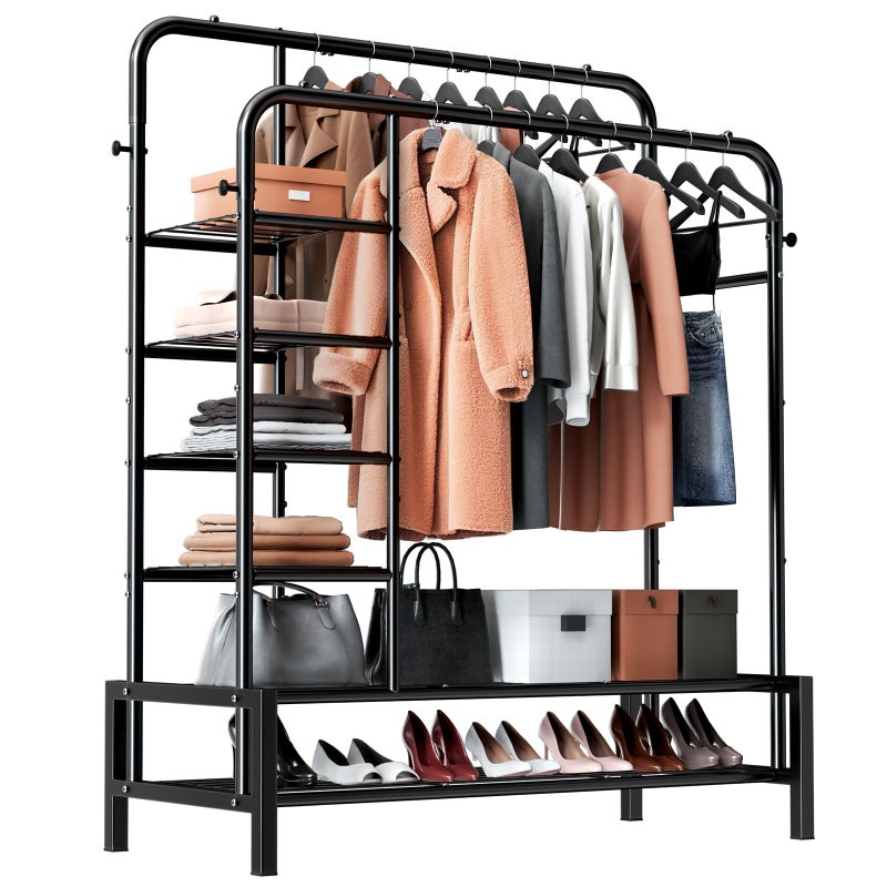 ZHKINGGS Clothes Rack, Double Rods Clothing Rack with 2 Bottom Shelves & 4 Side Shelves, Metal Garment Rack for Hanging Clothes, Heavy Duty Clothes Rack for Bedroom, Laundry, Living Room, Black - Image 1