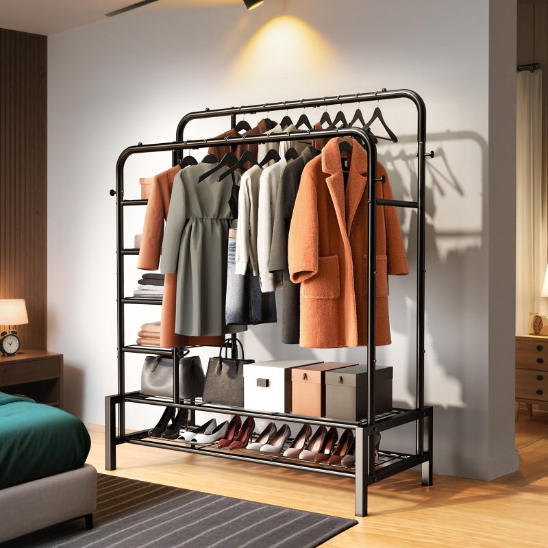ZHKINGGS Clothes Rack, Double Rods Clothing Rack with 2 Bottom Shelves & 4 Side Shelves, Metal Garment Rack for Hanging Clothes, Heavy Duty Clothes Rack for Bedroom, Laundry, Living Room, Black - Image 3