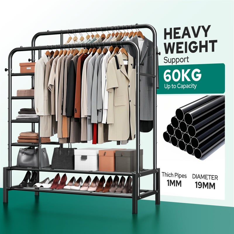 ZHKINGGS Clothes Rack, Double Rods Clothing Rack with 2 Bottom Shelves & 4 Side Shelves, Metal Garment Rack for Hanging Clothes, Heavy Duty Clothes Rack for Bedroom, Laundry, Living Room, Black - Image 2