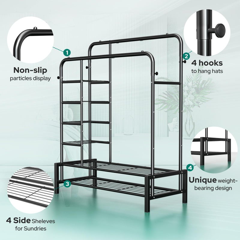 ZHKINGGS Clothes Rack, Double Rods Clothing Rack with 2 Bottom Shelves & 4 Side Shelves, Metal Garment Rack for Hanging Clothes, Heavy Duty Clothes Rack for Bedroom, Laundry, Living Room, Black - Image 4