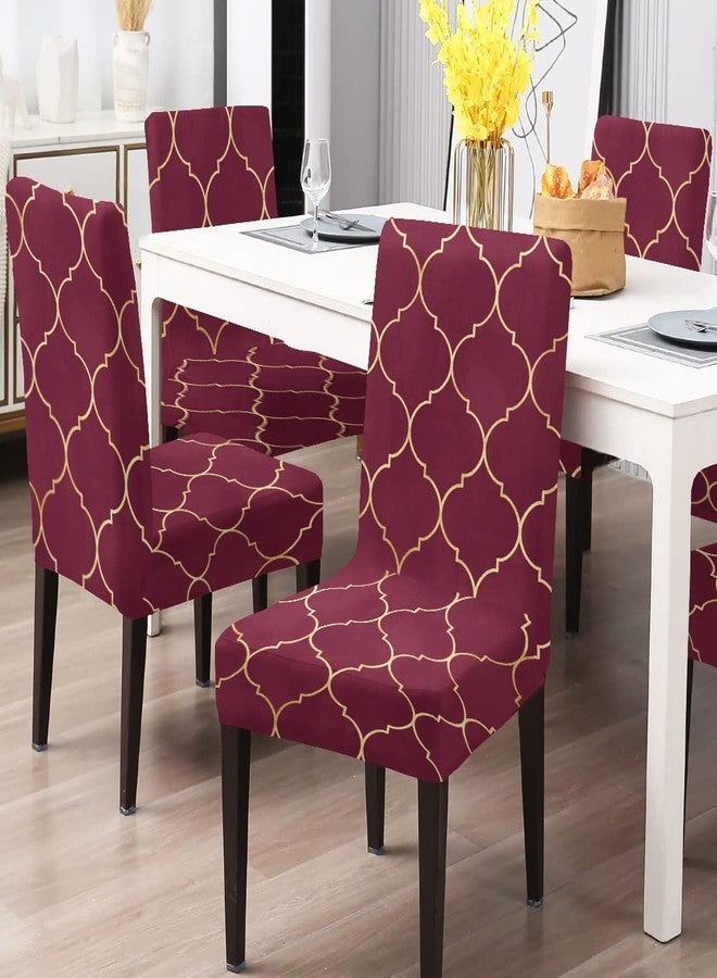 BRIDA® Stretchable Floral Geometric Printed Dining Chair Covers Set of 4 Seater Elastic Chair Seat Case Protector, Slipcovers (4 Chair Cover, Maroon Diamond),Polyester;Polyester Blend - Image 1