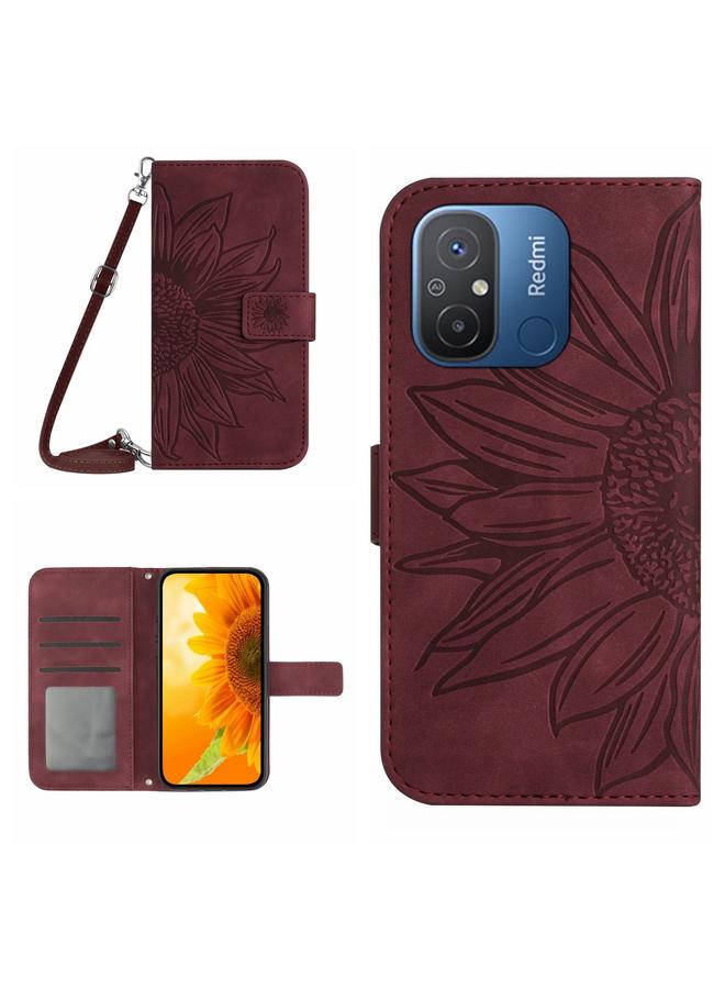 The Bros Case For Xiaomi Redmi 11A 4G HT04 Skin Feel Sun Flower Embossed Flip Leather Phone Case with Lanyard