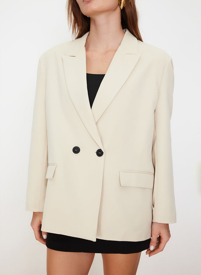trendyol Stone Oversize Straight Cut Basic Double Breasted Woven Blazer Jacket - Image 5
