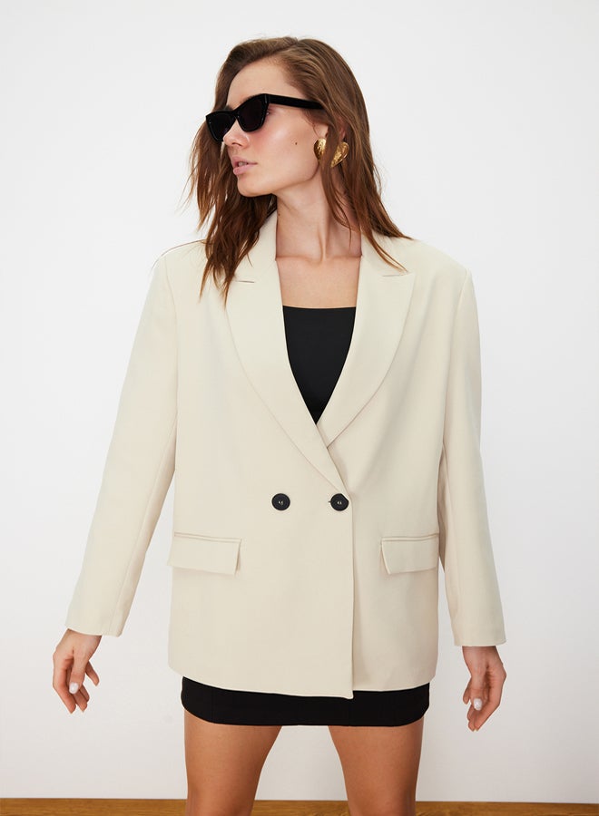 trendyol Stone Oversize Straight Cut Basic Double Breasted Woven Blazer Jacket - Image 3