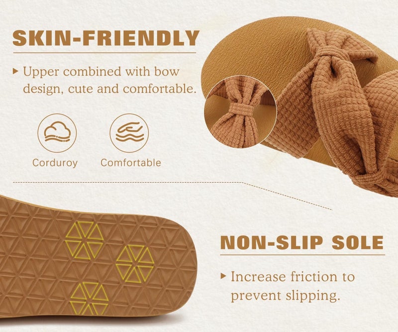 KuaiLu Womens Dressy Bow Sandals Arch Support Yoga Memory Foam Cushion Comfortable Walking Criss Cross Slides Ladies Summer Beach Pool Slip on Orthotic Recovery Plantar Fasciitis Slippers Khaki Size 8 - Image 5