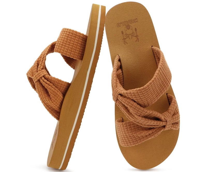KuaiLu Womens Dressy Bow Sandals Arch Support Yoga Memory Foam Cushion Comfortable Walking Criss Cross Slides Ladies Summer Beach Pool Slip on Orthotic Recovery Plantar Fasciitis Slippers Khaki Size 8 - Image 1