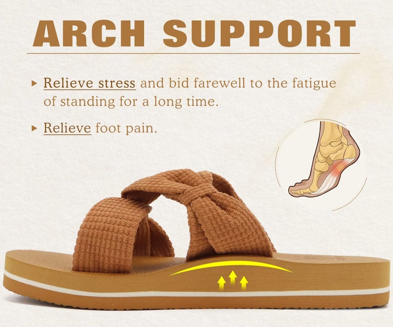 KuaiLu Womens Dressy Bow Sandals Arch Support Yoga Memory Foam Cushion Comfortable Walking Criss Cross Slides Ladies Summer Beach Pool Slip on Orthotic Recovery Plantar Fasciitis Slippers Khaki Size 8 - Image 4