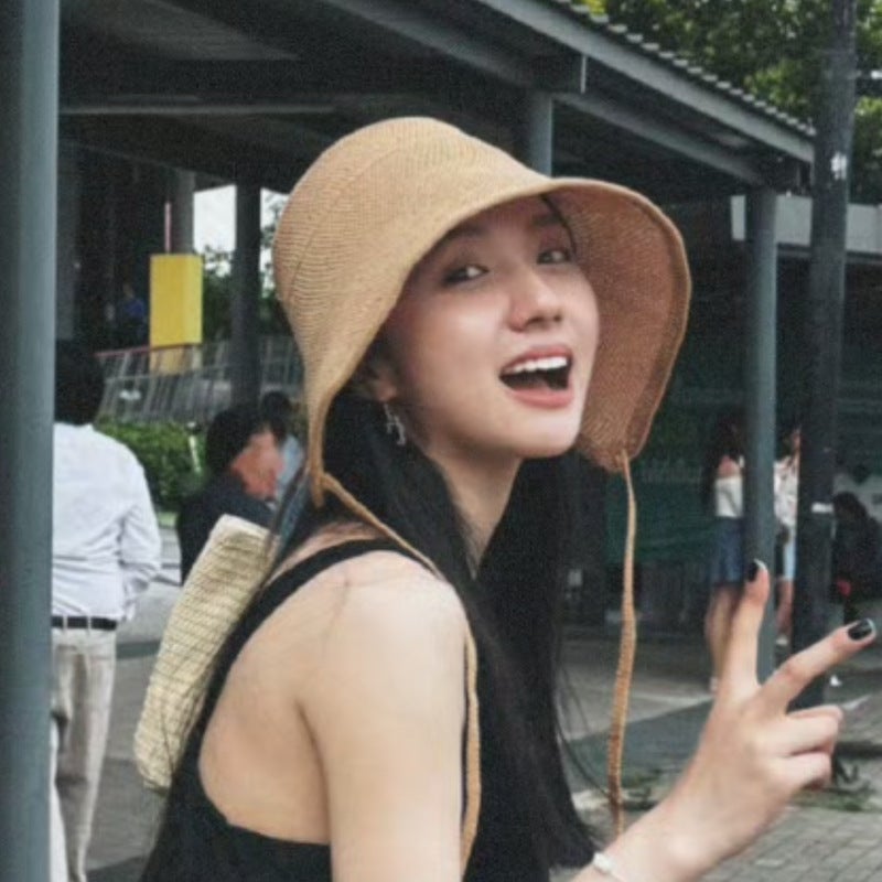 Japanese Cotton and Linen Straw Hat Women''s Summer Large Brim Cool Hat Seaside Vacation Anti-Uv Sunshade Breathable Sun Protection Hat - Image 3