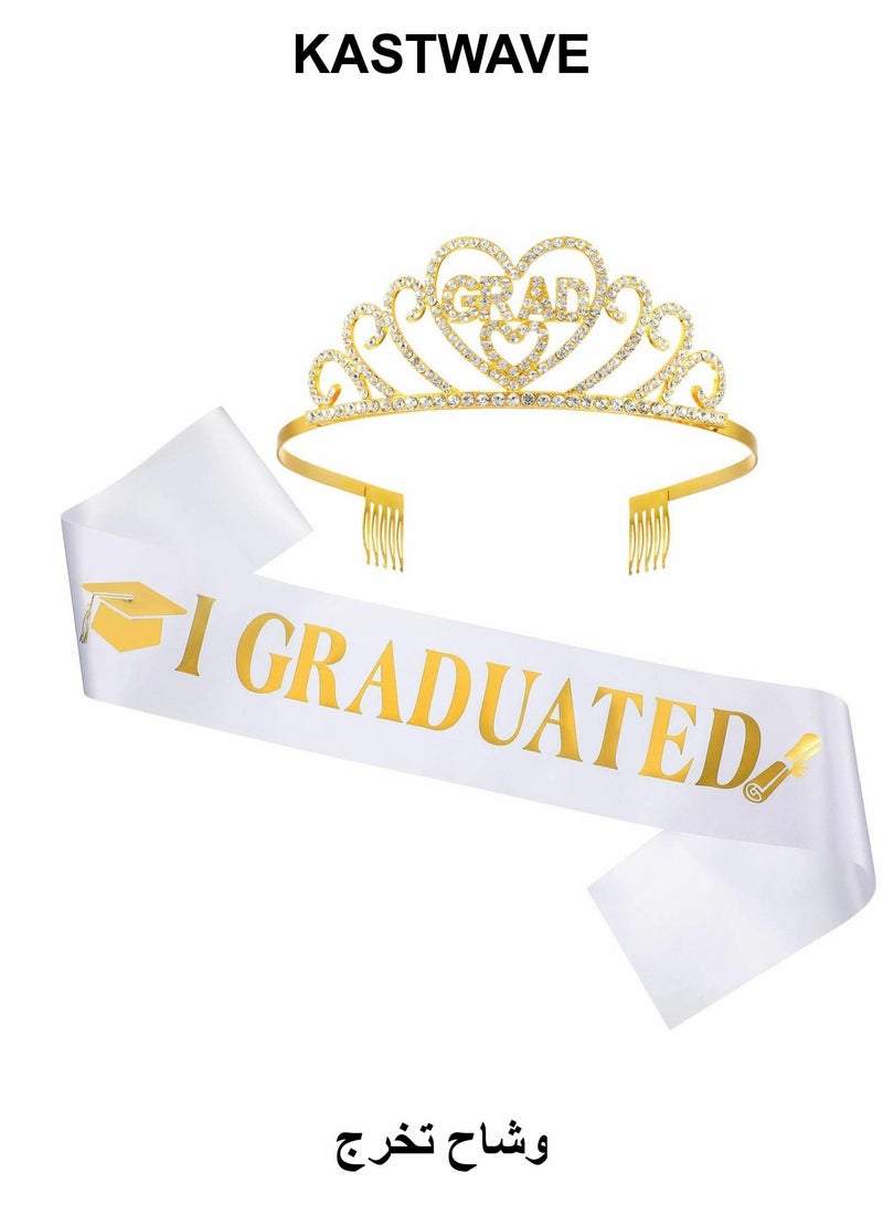 كاست ويف طقم تاج التخرج من الساتان، تاج التخرج المعدني اللامع للأميرة المتخرجة ووشاح التخرج، هدايا رائعة لديكورات حفلات التخرج... - Image 1