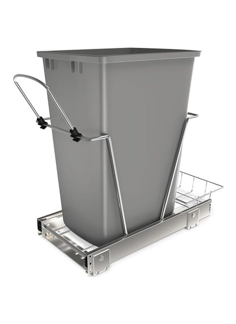 RevAShelf Pullout Trash Can for Kitchen Cabinets 35 Qt Garbage Waste Recycling Bin wFull Extension Slide Metallic Silver RV12KD17C S