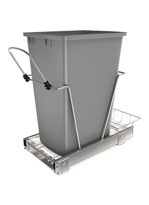 Rev-A-Shelf RevAShelf Pullout Trash Can for Kitchen Cabinets 35 Qt Garbage Waste Recycling Bin wFull Extension Slide Metallic Silver RV12KD17C S 