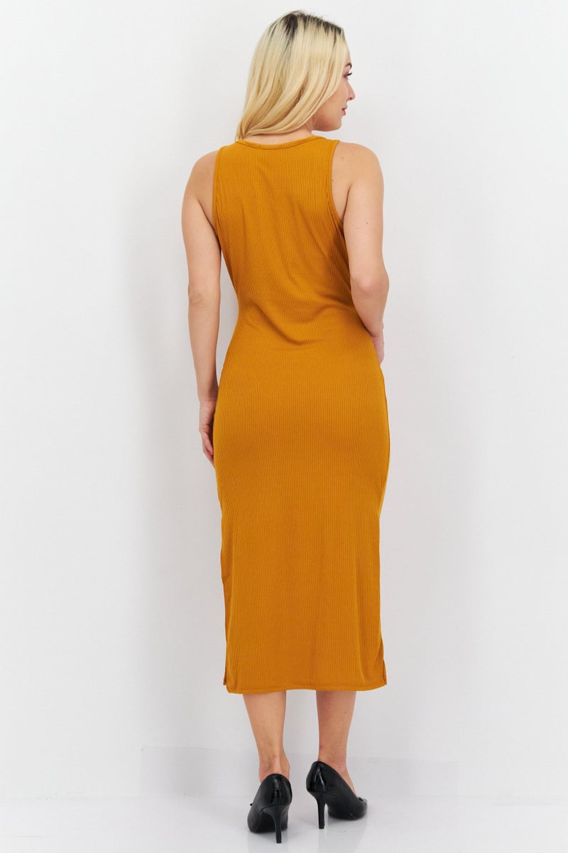 Endless Blu Women Ribbed Midi Casual Dress, Mustard - Image 3