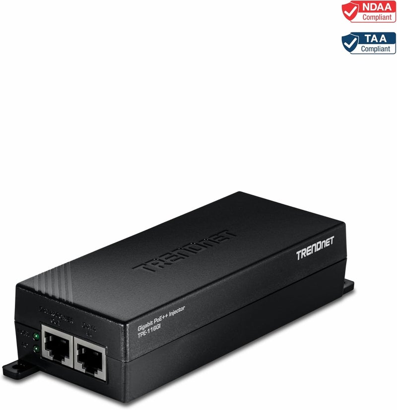 Trendnet Gigabit PoE++ Injector, TPE-116GI, Supplies PoE (15.4W), PoE+ (30W), or PoE++ (60W), Network A PoE Device Up to 100m(328 ft), NDAA & TAA Compliant, Plug & Play, Black - Image 3