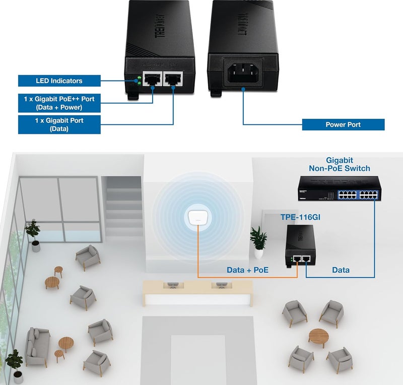 Trendnet Gigabit PoE++ Injector, TPE-116GI, Supplies PoE (15.4W), PoE+ (30W), or PoE++ (60W), Network A PoE Device Up to 100m(328 ft), NDAA & TAA Compliant, Plug & Play, Black - Image 2