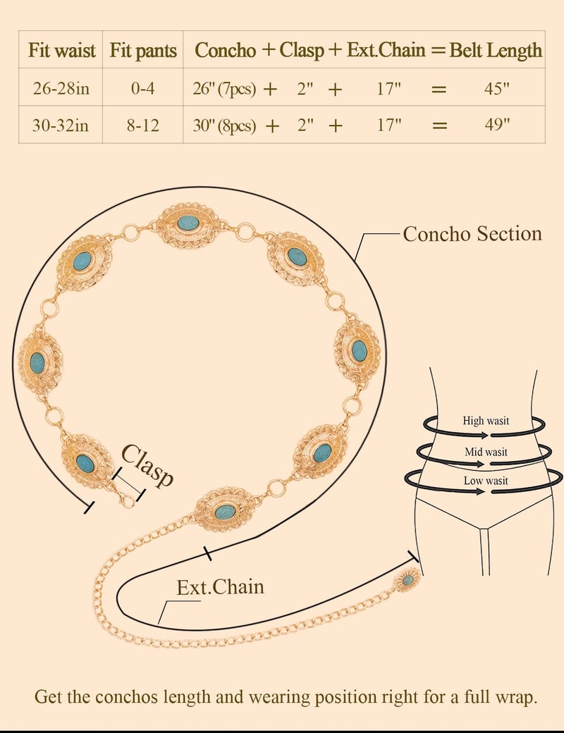 TOPACC Gold Turquoise Concho belts for Women Western Boho Cowgirl Chain Belts for Dresses Country Concert Outfit - Image 4