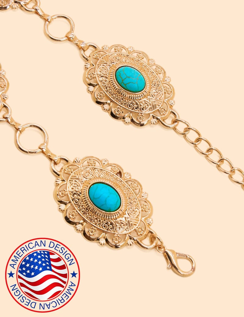 TOPACC Gold Turquoise Concho belts for Women Western Boho Cowgirl Chain Belts for Dresses Country Concert Outfit - Image 2