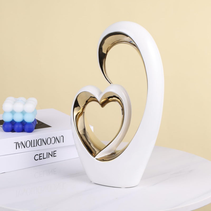 Oliruim White Gold Ceramic Heart Statues - Abstract Home Sculptures for Bedroom, Wedding, Valentine Decor & Gifts for Women - Image 2