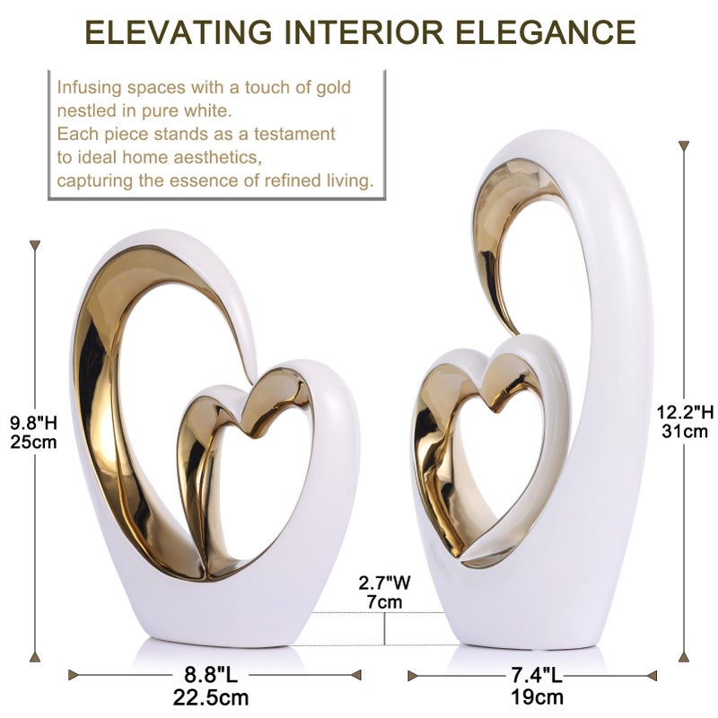 Oliruim White Gold Ceramic Heart Statues - Abstract Home Sculptures for Bedroom, Wedding, Valentine Decor & Gifts for Women - Image 3