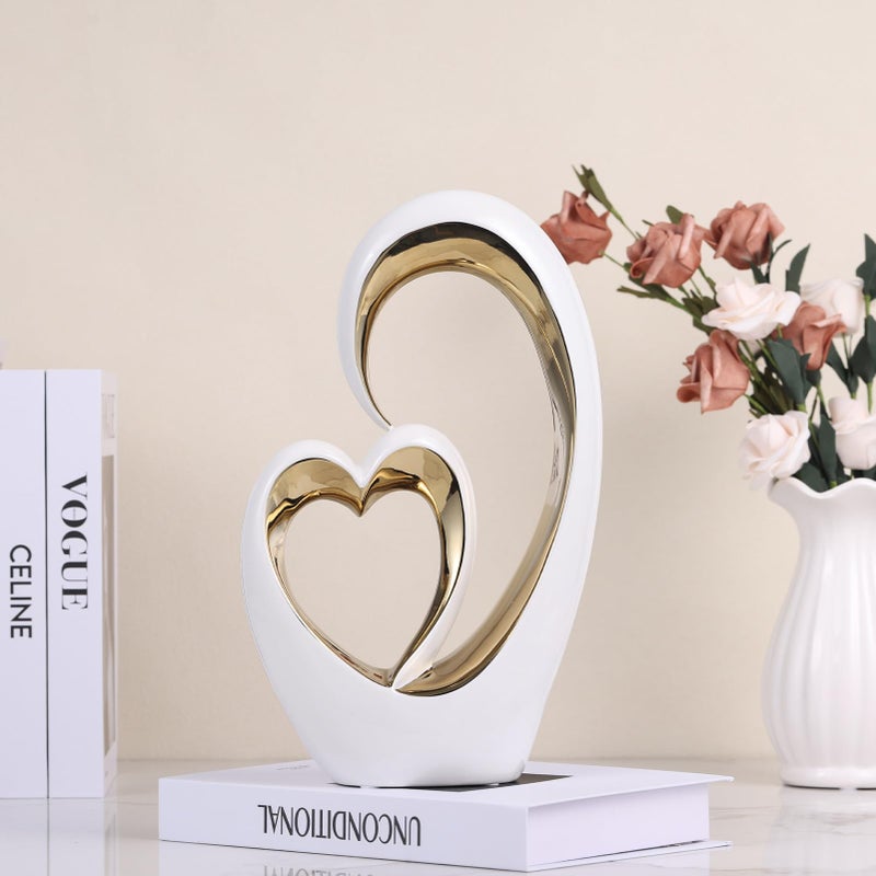 Oliruim White Gold Ceramic Heart Statues - Abstract Home Sculptures for Bedroom, Wedding, Valentine Decor & Gifts for Women - Image 4