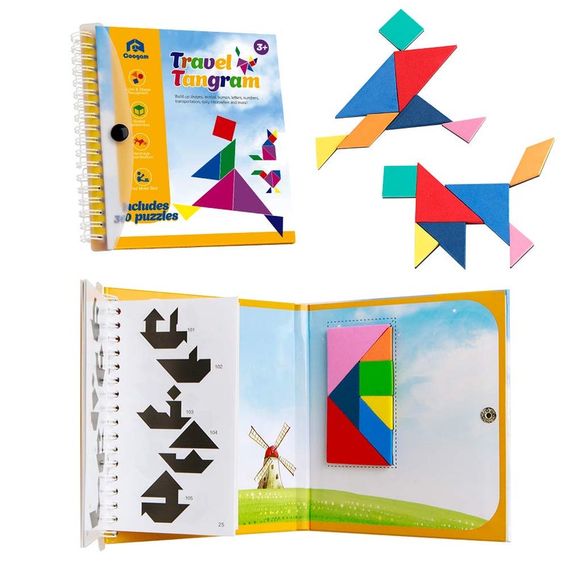 Coogam Travel Tangram Puzzle - Magnetic Pattern Block Book Road Trip Game Jigsaw Shapes Dissection STEM Games with Solution for Kid Adult Challenge - IQ Educational Toy Gift Brain Teasers 360 Patterns - Image 1