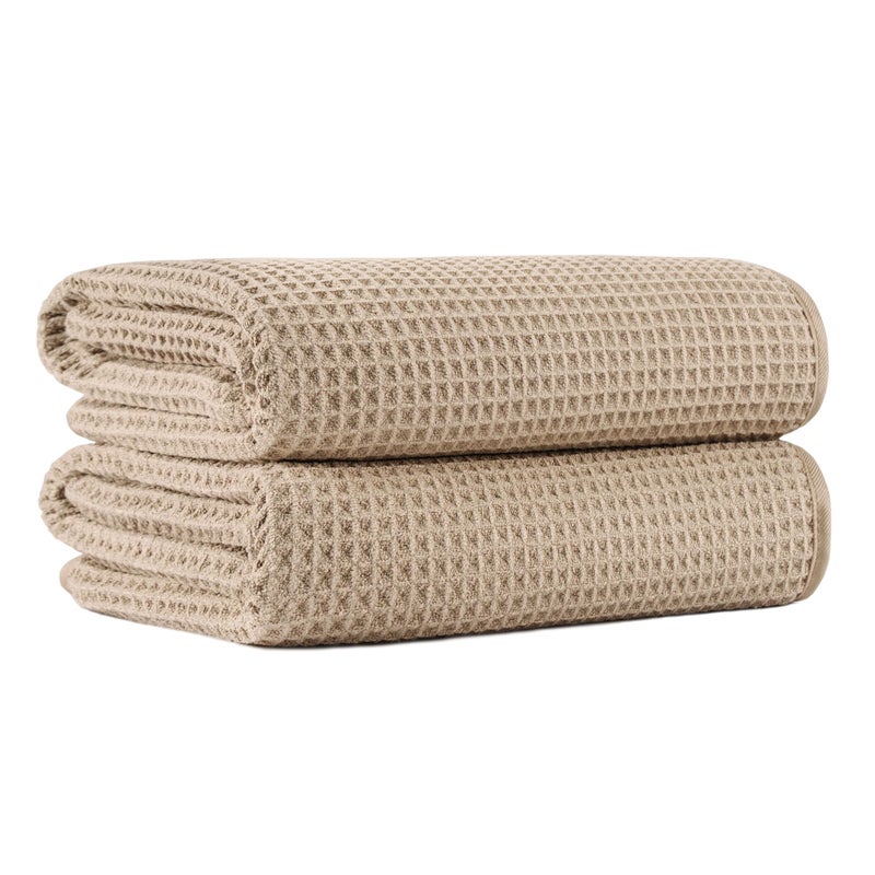MICROFI New Microfiber Waffle Bath Towels, 2 Pieces, Oversized, Soft, Absorbent, Fast Drying, Lint Free 430 GSM (Beige) - Image 1