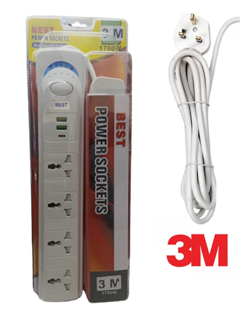 أب ستايل واقي التيار المتردد لقطاع الطاقة مع USB + النوع C، قابس مسطح لسلك تمديد مع 4 منافذ تيار متردد على نطاق واسع و2 USB 1 نوع C، محطة سطح المكتب 3M 1700W، مقبس صغير للسفر والمنزل والمكتب  - Image 2