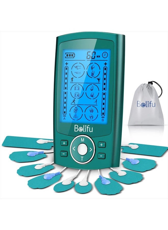 Belifu Dual Channel TENS EMS Unit 24 Modes Muscle Stimulator for Pain Relief Therapy, Electronic Pulse Massager Muscle Massager with 10 Pads, Dust-Proof Drawstring Storage Bag, Fastening Cable Ties  - Image 1