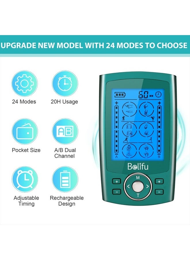 Belifu Dual Channel TENS EMS Unit 24 Modes Muscle Stimulator for Pain Relief Therapy, Electronic Pulse Massager Muscle Massager with 10 Pads, Dust-Proof Drawstring Storage Bag, Fastening Cable Ties  - Image 4
