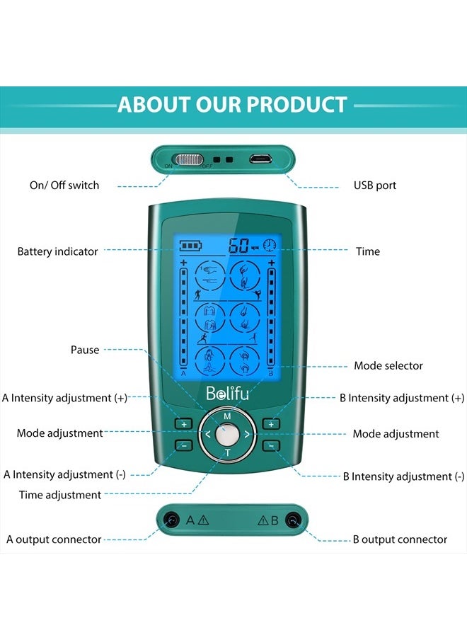 Belifu Dual Channel TENS EMS Unit 24 Modes Muscle Stimulator for Pain Relief Therapy, Electronic Pulse Massager Muscle Massager with 10 Pads, Dust-Proof Drawstring Storage Bag, Fastening Cable Ties  - Image 3