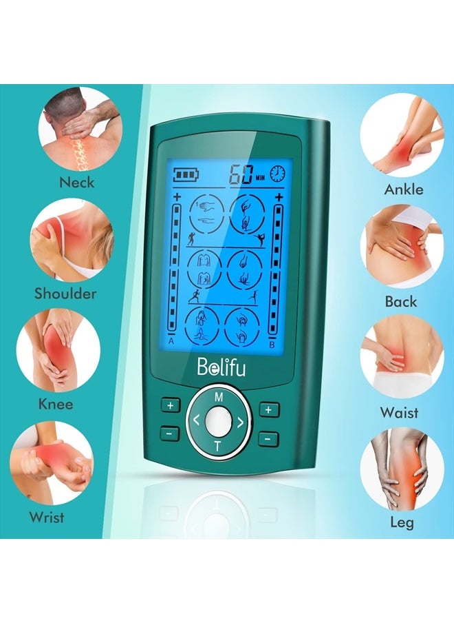 Belifu Dual Channel TENS EMS Unit 24 Modes Muscle Stimulator for Pain Relief Therapy, Electronic Pulse Massager Muscle Massager with 10 Pads, Dust-Proof Drawstring Storage Bag, Fastening Cable Ties  - Image 2