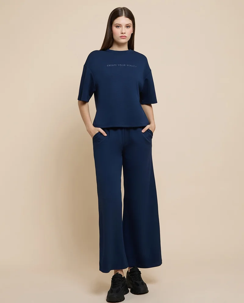 أر أند بي Solid Wide Leg Pants with Elastic Waist