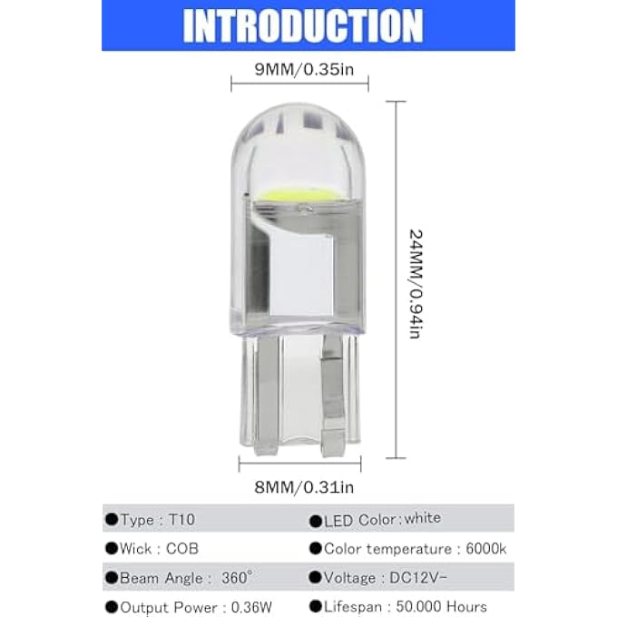 أكس سبرينج لمبات ليد 30 قطعة 6000 كلفن لمبات ليد بيضاء من نوع Cob W5W T10 مصابيح بديلة فائقة السطوع لمصابيح لوحة ترخيص السيارة ومصابيح المواضع وأضواء الخريطة الداخلية - Image 3