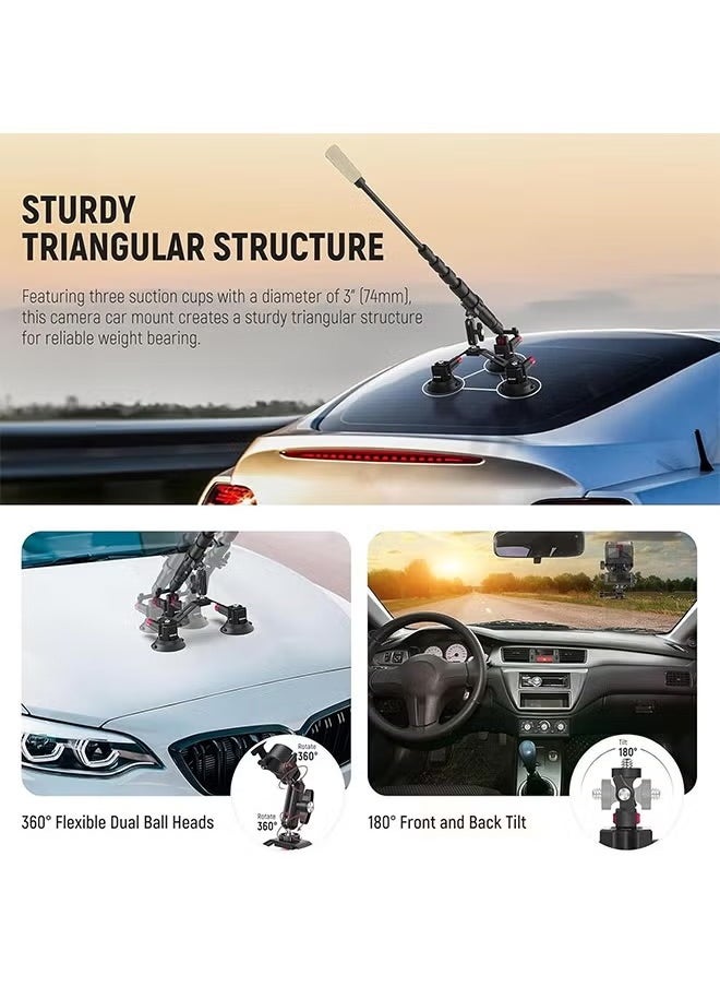 NEEWER Triple Suction Cup Car Mount Kit with 2in1 Extension Pole/Selfie Stick, Quick Release Outside Windshield Magic Arm Camera Mount with Action Camera Adapter Compatible with GoPro Insta360, CA065