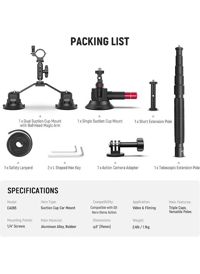 NEEWER Triple Suction Cup Car Mount Kit with 2in1 Extension Pole/Selfie Stick, Quick Release Outside Windshield Magic Arm Camera Mount with Action Camera Adapter Compatible with GoPro Insta360, CA065
