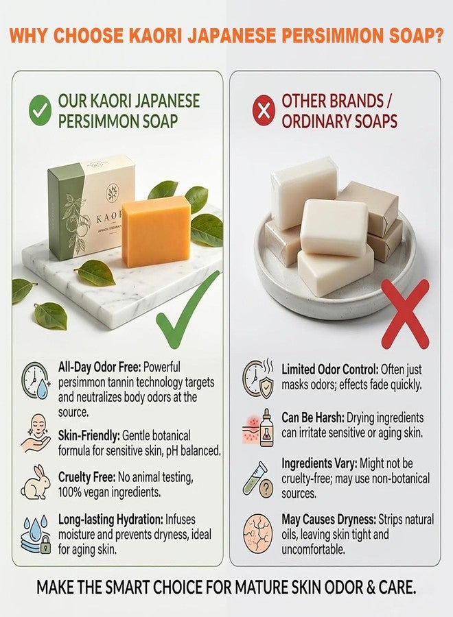 Tasunte KAORI Persimmon Soap for Old People Smell, Feel fresh and clean all day long, Moisturizing Mature Skin, Persimmon Soap for Body Odor with Natural Persimmon Extract for Men & Women - Image 2