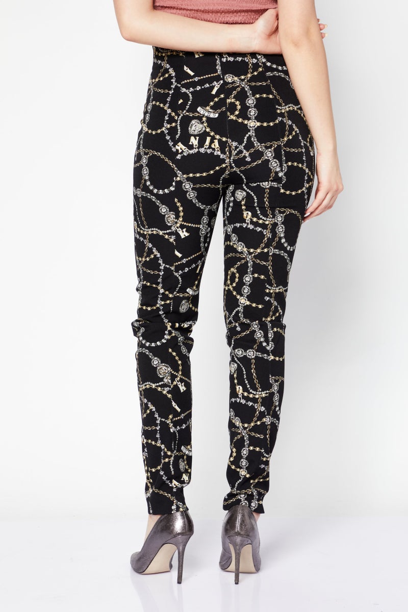 PINKO Women Tight Fit Allover Print Stretchable Pants, Black Combo  - Image 4