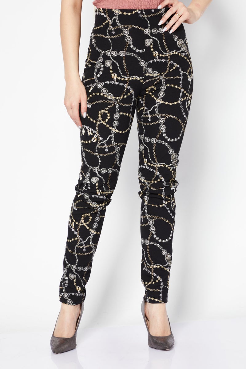 PINKO Women Tight Fit Allover Print Stretchable Pants, Black Combo  - Image 1