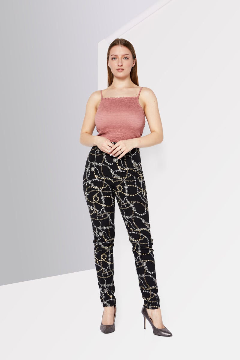 PINKO Women Tight Fit Allover Print Stretchable Pants, Black Combo  - Image 2