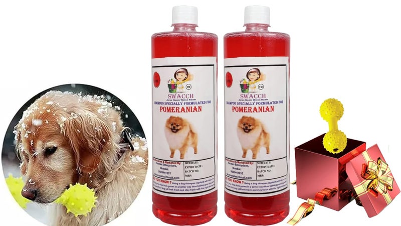 swacch Pomeranian Dog Shampoo + Dumbbell Toy I Durable Rubber Dog Toy for Chewing I Playing,Teeth Cleaning & Training Toy I Combo Pack I 1 Litre Pack of 2 Strawberry - Image 1