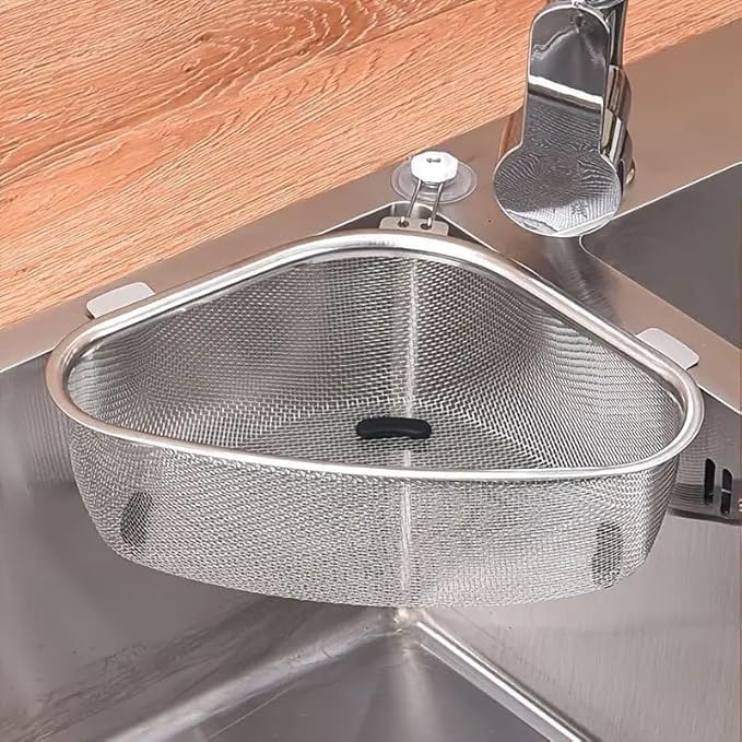 Drake Basket with Drainer for Sink Basket with Strainer for Food Waste Kitchen Sink Drain Strainer Triangular Kitchen Sink Filter Multifunctional Mesh Stainless Steel - Image 1