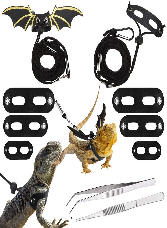 Allazone 4 PCS Adjustable Bearded Dragon Harness and Leash, 2 Style 3 Size Adjustable Reptile Lizard Leash, 2 PCS Feeding Tweezers for Lizard Reptiles Amphibians Small Pet Animals - Image 1