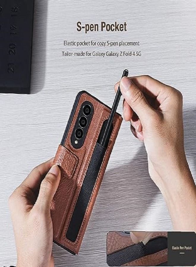 FOCUS Case for Samsung Galaxy Z Fold 5 Premium PU Leather Flip Cover with S-Pen Holder, Magnetic Closure Kickstand Shockproof PC for Galaxy Z Fold 5 Phone Cover Brown