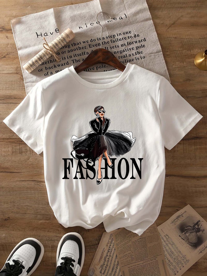 Independent Station Women'S Tops Round Neck Cartoon Printed Short-Sleeved T-Shirt-M - Image 1