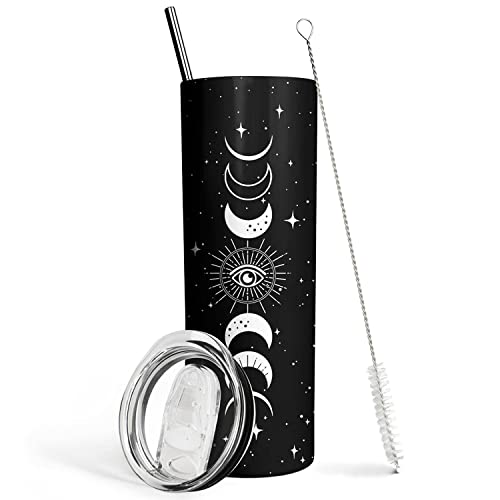 Goth Moon Tumbler with Lid and Straw Moon Phase Gothic Decor Black Vacuum Insulated Stainless Steel 20 Oz Witchy Tumbler Cup Halloween Spooky Gifts for Women Goth Witch Stuff Coffee Travel Mug