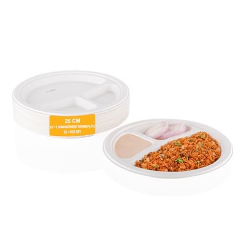 Clazkit 10 Inch 50 Pack, 3-Compartment Disposable Bagasse Plates | Eco-Friendly, Biodegradable, Sugarcane Paper Plates | for Serving Dinner | Birthday, Wedding & Party | Round - Image 1