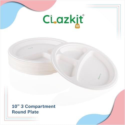 Clazkit 10 Inch 50 Pack, 3-Compartment Disposable Bagasse Plates | Eco-Friendly, Biodegradable, Sugarcane Paper Plates | for Serving Dinner | Birthday, Wedding & Party | Round - Image 5