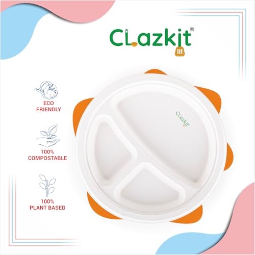 Clazkit 10 Inch 50 Pack, 3-Compartment Disposable Bagasse Plates | Eco-Friendly, Biodegradable, Sugarcane Paper Plates | for Serving Dinner | Birthday, Wedding & Party | Round - Image 4
