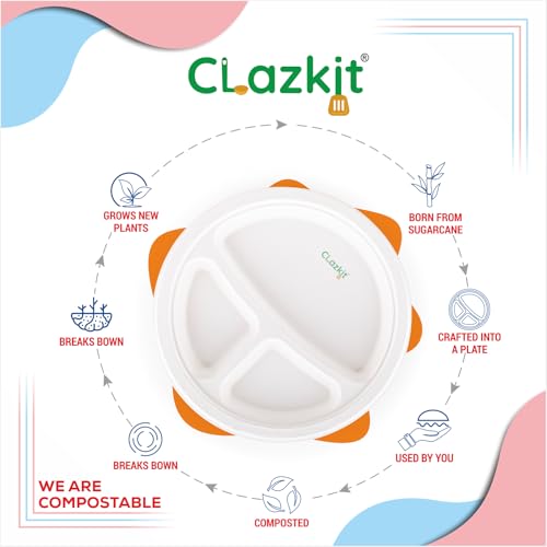 Clazkit 10 Inch 50 Pack, 3-Compartment Disposable Bagasse Plates | Eco-Friendly, Biodegradable, Sugarcane Paper Plates | for Serving Dinner | Birthday, Wedding & Party | Round - Image 3